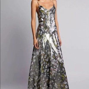 Ganni dazzle metallic silver silk floral prints sleeveless dress size new 36